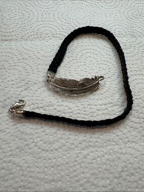 King Baby Studio Silver Feather on Black Braided Cord Necklace